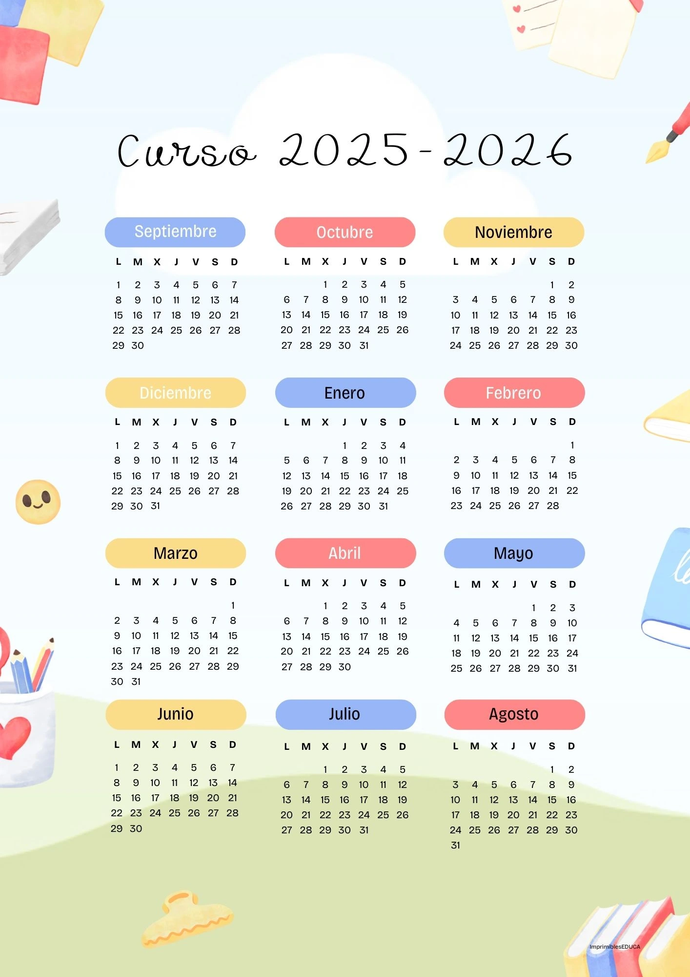 Calendario escolar 2025–2026 para imprimir